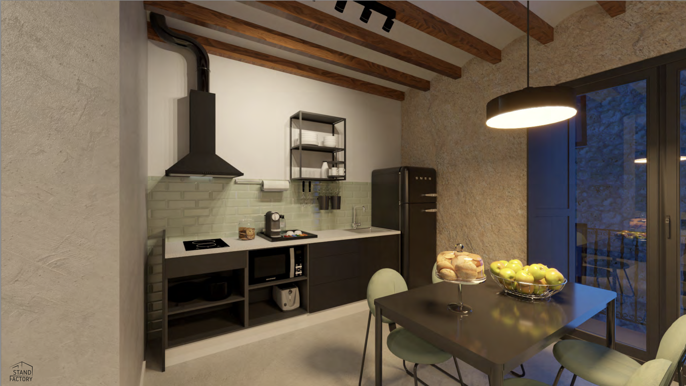 Dining room with kitchen view